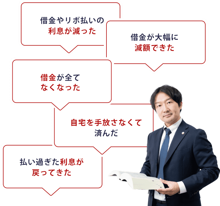 お客様の声5つ。1借金やリボ払いの利息が減った。2借金が大幅に減額できた。3借金が全てなくなった。4自宅を手放さなくて済んだ。5払い過ぎた利息が戻ってきた。